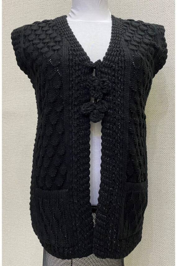 Kadın Siyah Angora Simli Örgü Yeleği (SİYAH) - 1