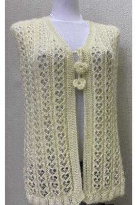 Kalp Örgü Simli Kristal Çeyizlik Kadın Yeleği (KREM)