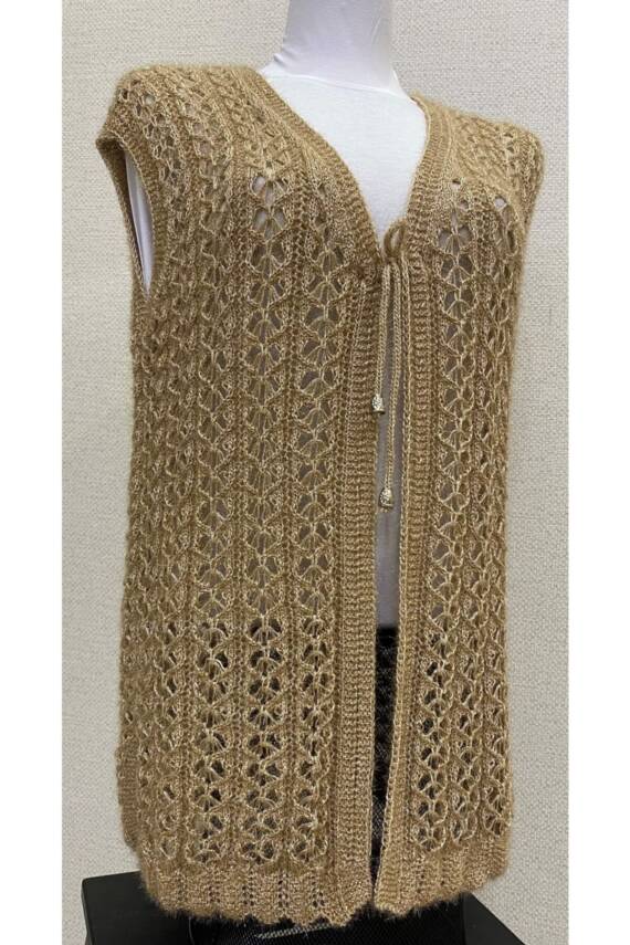 Kalp Örgü Simli Kristal Çeyizlik Kadın Yeleği (AÇIK KAHVE) - 1
