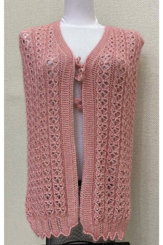 Kalp Örgü Simli Kristal Çeyizlik Kadın Yeleği (PEMBE) - 1