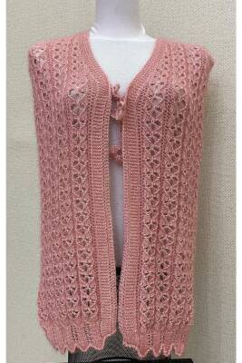 Kalp Örgü Simli Kristal Çeyizlik Kadın Yeleği (PEMBE)