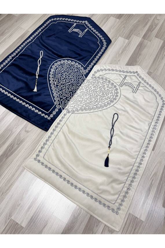 Kalpli Seccade Eşli Çift Seccade Tesbihli Gelin Damat Bohçası Hediyelik Çeyizlik (Krem*Lacivert) - 3