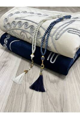 Kalpli Seccade Eşli Çift Seccade Tesbihli Gelin Damat Bohçası Hediyelik Çeyizlik (Krem*Lacivert) - 4