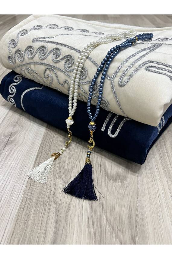 Kalpli Seccade Eşli Çift Seccade Tesbihli Gelin Damat Bohçası Hediyelik Çeyizlik (Krem*Lacivert) - 4