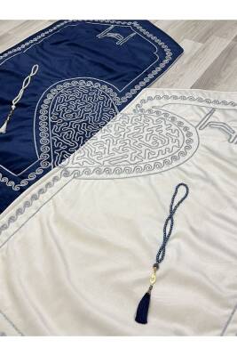 Kalpli Seccade Eşli Çift Seccade Tesbihli Gelin Damat Bohçası Hediyelik Çeyizlik (Krem*Lacivert) - 6