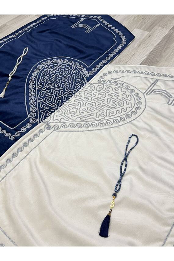 Kalpli Seccade Eşli Çift Seccade Tesbihli Gelin Damat Bohçası Hediyelik Çeyizlik (Krem*Lacivert) - 6