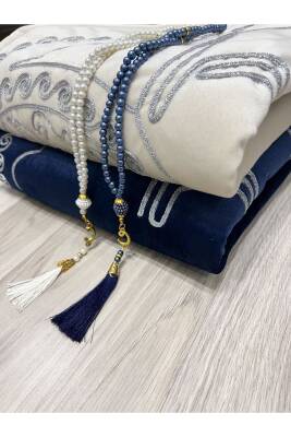 Kalpli Seccade Eşli Çift Seccade Tesbihli Gelin Damat Bohçası Hediyelik Çeyizlik (Krem*Lacivert) - 7