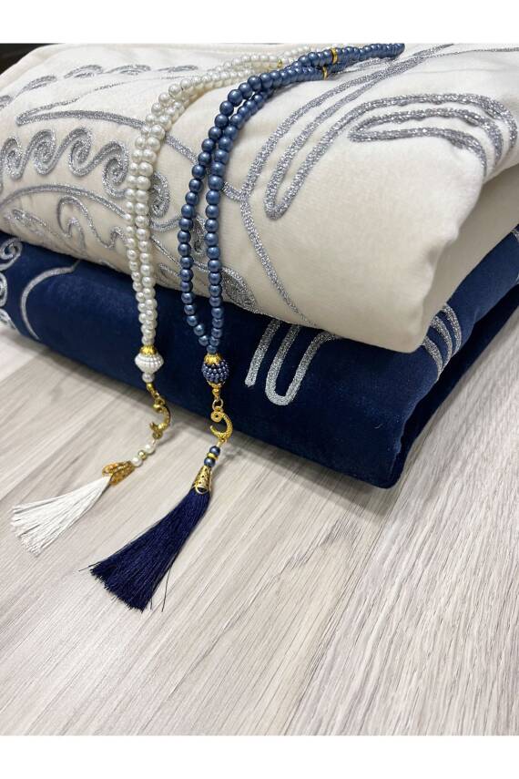 Kalpli Seccade Eşli Çift Seccade Tesbihli Gelin Damat Bohçası Hediyelik Çeyizlik (Krem*Lacivert) - 7