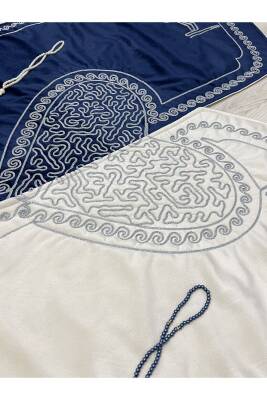 Kalpli Seccade Eşli Çift Seccade Tesbihli Gelin Damat Bohçası Hediyelik Çeyizlik (Krem*Lacivert) - 8