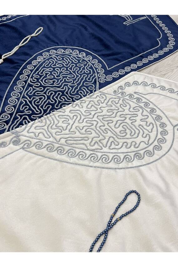 Kalpli Seccade Eşli Çift Seccade Tesbihli Gelin Damat Bohçası Hediyelik Çeyizlik (Krem*Lacivert) - 8