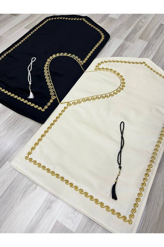 Kalpli Seccade Eşli Çift Seccade Tesbihli Gelin Damat Bohçası Hediyelik Çeyizlik (Siyah*Krem) - 2