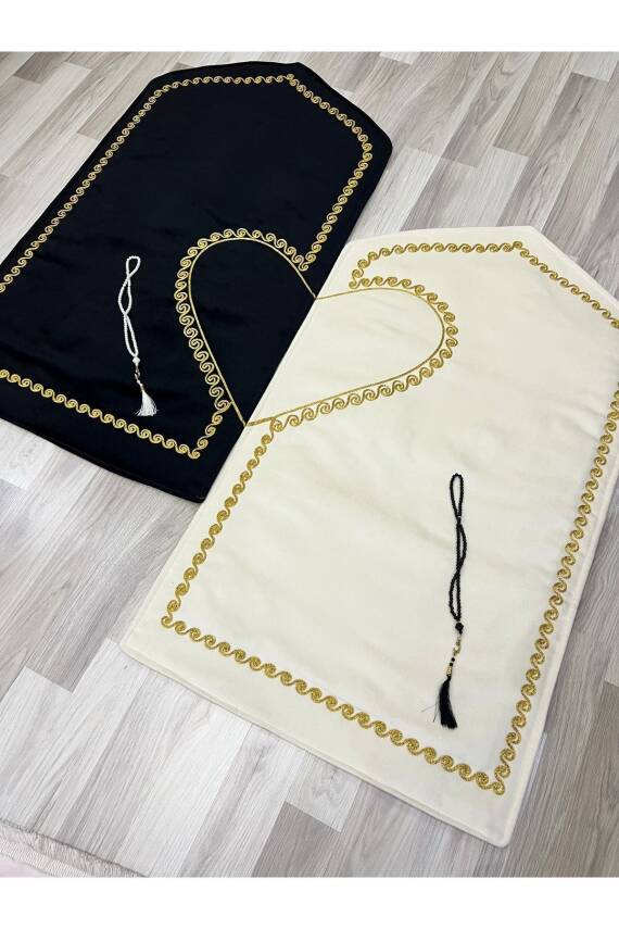 Kalpli Seccade Eşli Çift Seccade Tesbihli Gelin Damat Bohçası Hediyelik Çeyizlik (Siyah*Krem) - 3