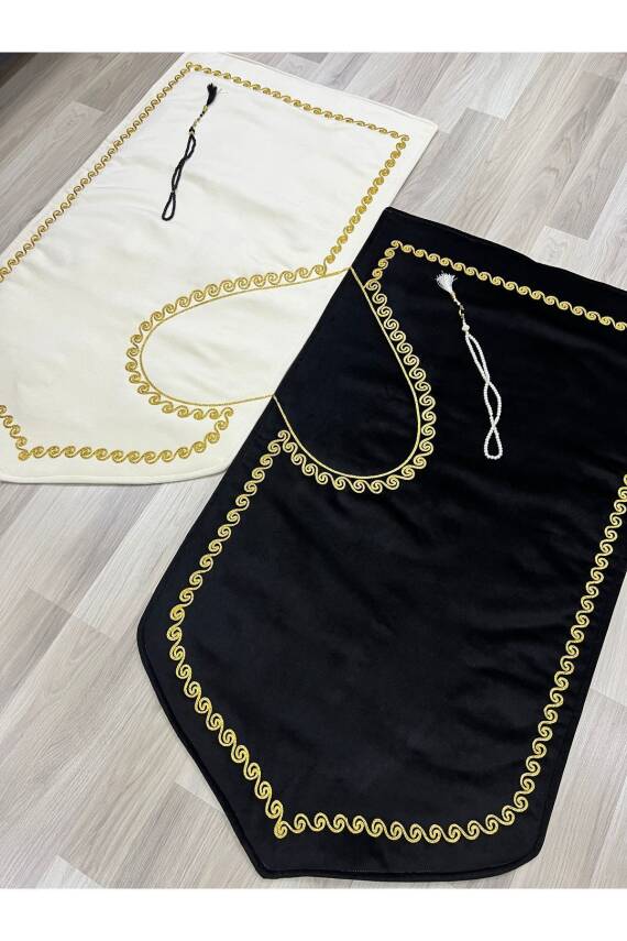 Kalpli Seccade Eşli Çift Seccade Tesbihli Gelin Damat Bohçası Hediyelik Çeyizlik (Siyah*Krem) - 4