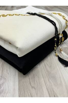 Kalpli Seccade Eşli Çift Seccade Tesbihli Gelin Damat Bohçası Hediyelik Çeyizlik (Siyah*Krem) - 5