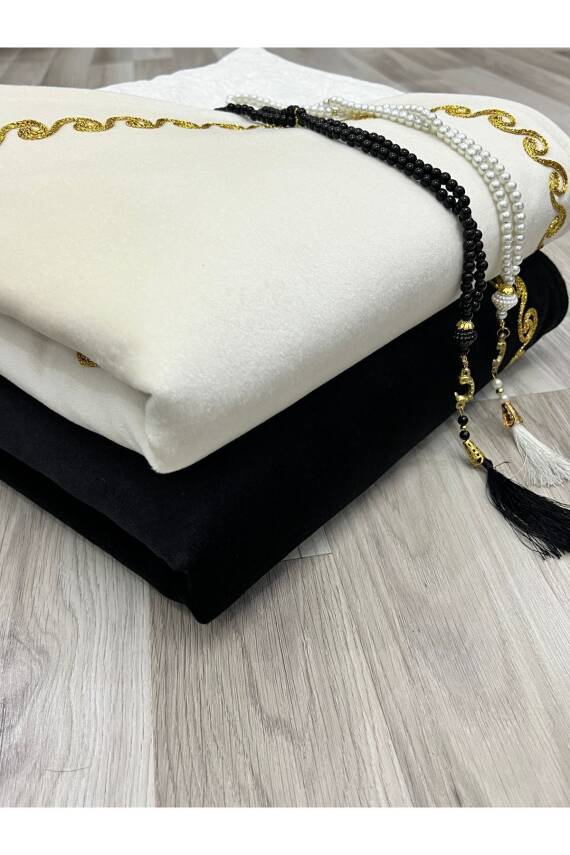 Kalpli Seccade Eşli Çift Seccade Tesbihli Gelin Damat Bohçası Hediyelik Çeyizlik (Siyah*Krem) - 5