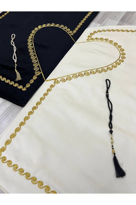 Kalpli Seccade Eşli Çift Seccade Tesbihli Gelin Damat Bohçası Hediyelik Çeyizlik (Siyah*Krem) - 7