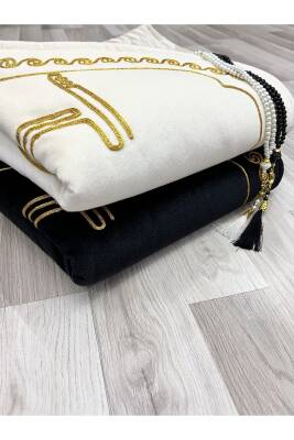 Kalpli Seccade Eşli Çift Seccade Tesbihli Gelin Damat Bohçası Hediyelik Çeyizlik (Krem*Siyah) - 4