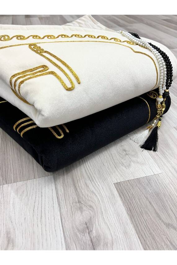 Kalpli Seccade Eşli Çift Seccade Tesbihli Gelin Damat Bohçası Hediyelik Çeyizlik (Krem*Siyah) - 4