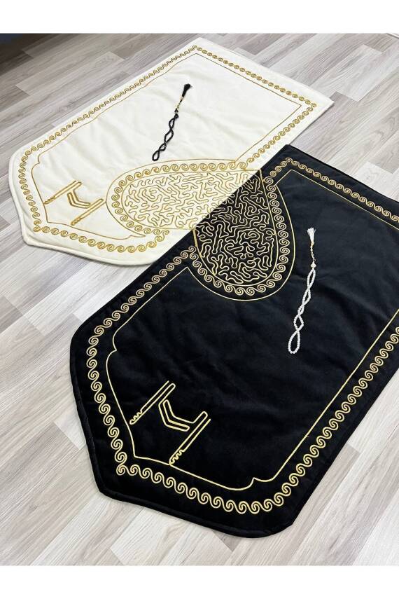 Kalpli Seccade Eşli Çift Seccade Tesbihli Gelin Damat Bohçası Hediyelik Çeyizlik (Krem*Siyah) - 7