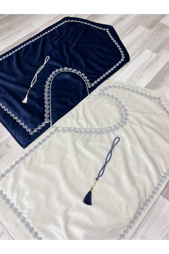 Kalpli Seccade Eşli Çift Seccade Tesbihli Gelin Damat Bohçası Hediyelik Çeyizlik (Lacivert*Krem) - 1