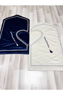 Kalpli Seccade Eşli Çift Seccade Tesbihli Gelin Damat Bohçası Hediyelik Çeyizlik (Lacivert*Krem) - 2