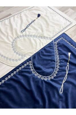 Kalpli Seccade Eşli Çift Seccade Tesbihli Gelin Damat Bohçası Hediyelik Çeyizlik (Lacivert*Krem) - 5