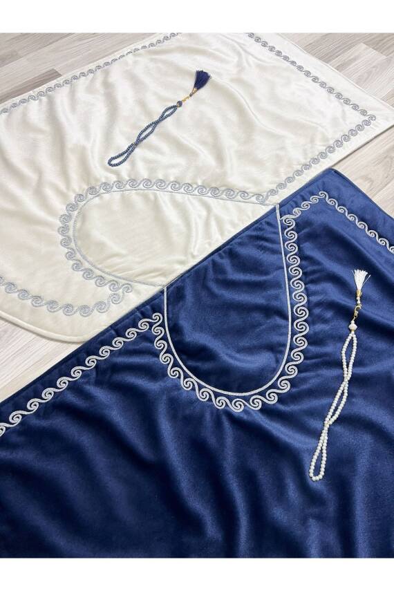 Kalpli Seccade Eşli Çift Seccade Tesbihli Gelin Damat Bohçası Hediyelik Çeyizlik (Lacivert*Krem) - 5