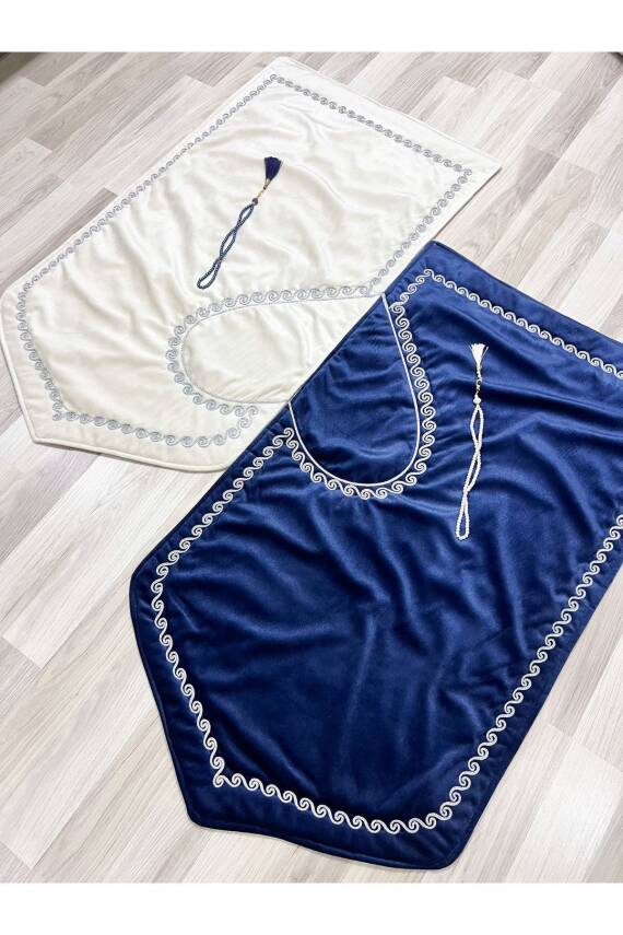 Kalpli Seccade Eşli Çift Seccade Tesbihli Gelin Damat Bohçası Hediyelik Çeyizlik (Lacivert*Krem) - 6