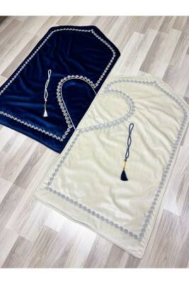 Kalpli Seccade Eşli Çift Seccade Tesbihli Gelin Damat Bohçası Hediyelik Çeyizlik (Lacivert*Krem) - 7