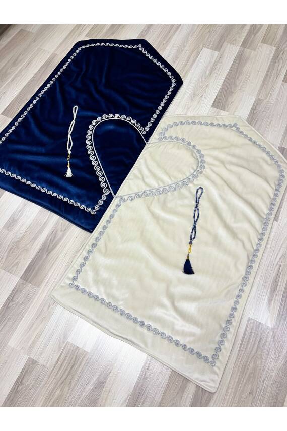 Kalpli Seccade Eşli Çift Seccade Tesbihli Gelin Damat Bohçası Hediyelik Çeyizlik (Lacivert*Krem) - 7