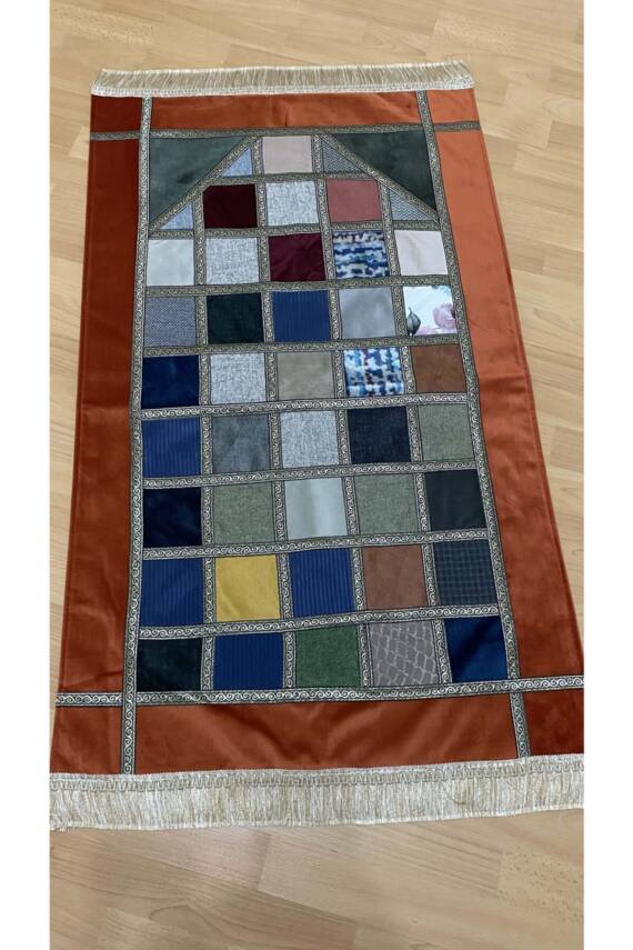 Kırkyama Patchwork Astarlı Kadife Çeyizlik Hediyelik Seccade (HARDAL) - 2