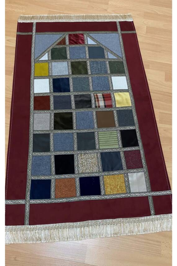 Kırkyama Patchwork Astarlı Kadife Çeyizlik Hediyelik Seccade (BORDO) - 2