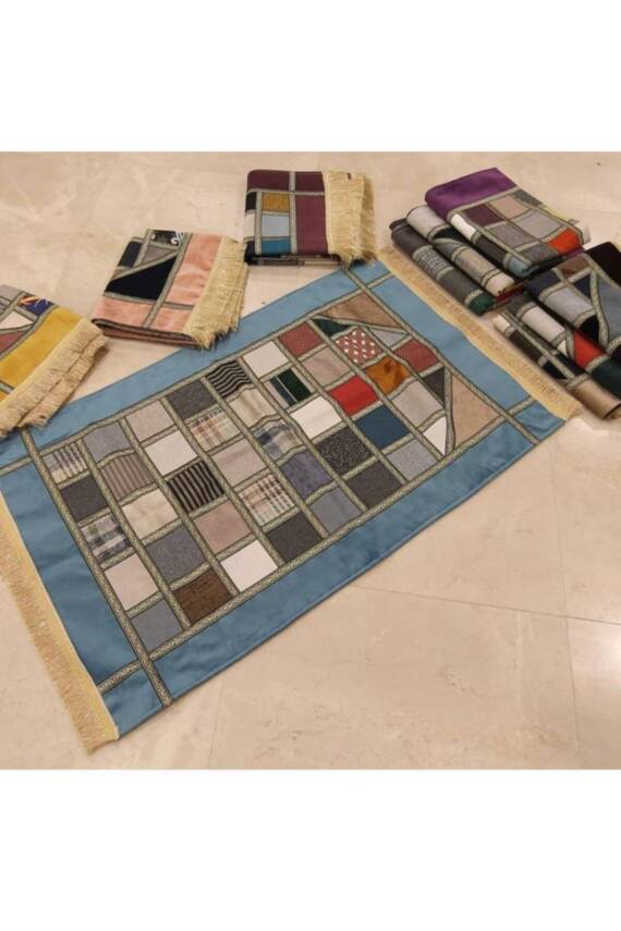 Kırkyama Patchwork Astarlı Kadife Çeyizlik Hediyelik Seccade (MAVİ) - 1