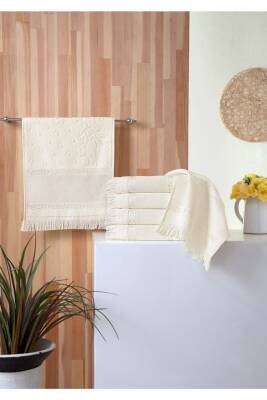 Krem Etamin 6 Adet 30x50 Bordörlü Saçaklı Kadife Havlu (Krem) - 3