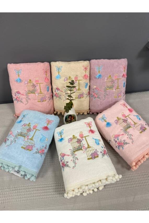Kuş Kafes Nakışlı Kadife Pamuklu Ponponlu 6'lı 30x50 Mutfak Havlu Seti (Asorti) - 1