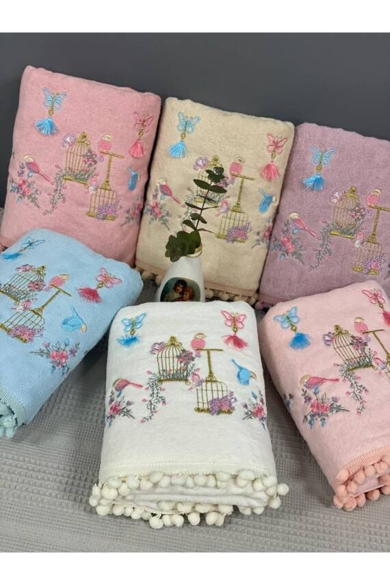 Kuş Kafes Nakışlı Kadife Pamuklu Ponponlu 6'lı 30x50 Mutfak Havlu Seti (Asorti) - 2