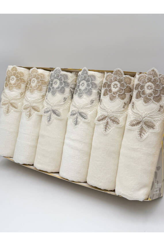 Kutulu 6 Adet Kadife Lüks Fransız Güpürlü Çeyizlik 50x90 El ve Yüz Havlusu (Ekru) - 1