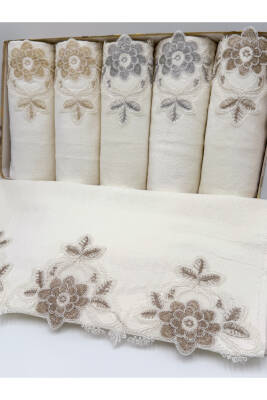 Kutulu 6 Adet Kadife Lüks Fransız Güpürlü Çeyizlik 50x90 El ve Yüz Havlusu (Ekru) - 2