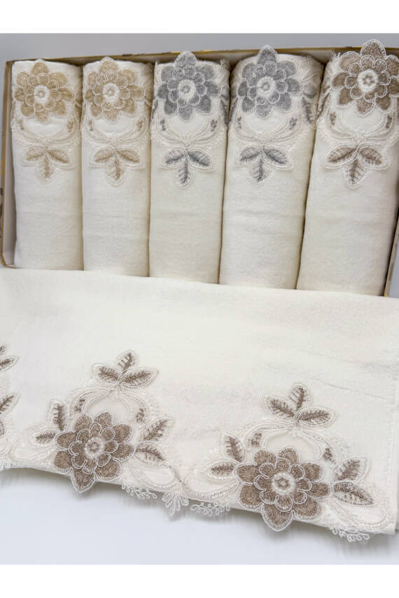 Kutulu 6 Adet Kadife Lüks Fransız Güpürlü Çeyizlik 50x90 El ve Yüz Havlusu (Ekru) - 2