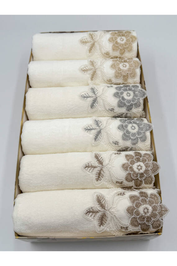 Kutulu 6 Adet Kadife Lüks Fransız Güpürlü Çeyizlik 50x90 El ve Yüz Havlusu (Ekru) - 3