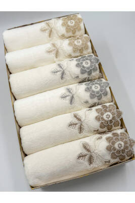 Kutulu 6 Adet Kadife Lüks Fransız Güpürlü Çeyizlik 50x90 El ve Yüz Havlusu (Ekru) - 4