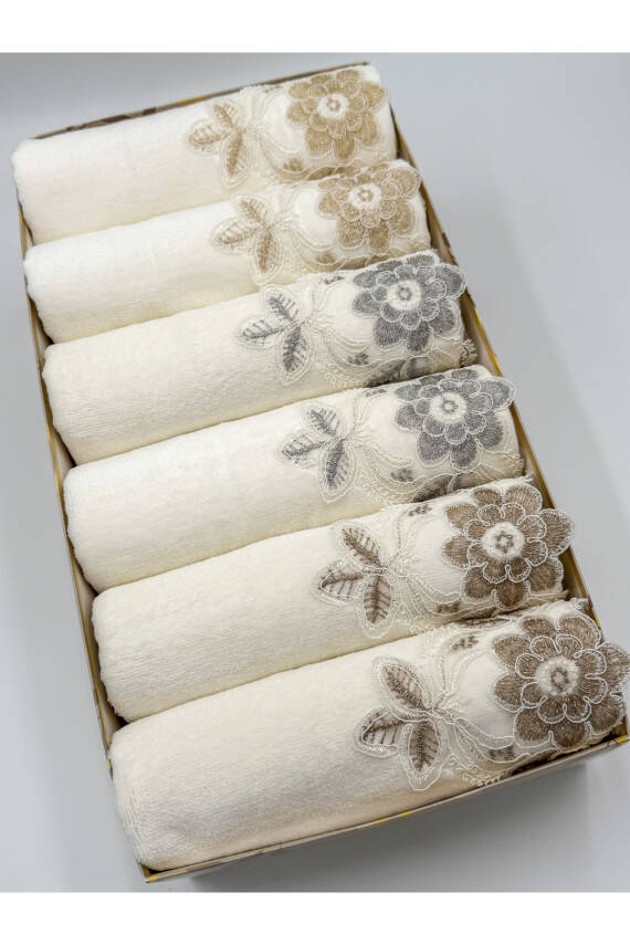 Kutulu 6 Adet Kadife Lüks Fransız Güpürlü Çeyizlik 50x90 El ve Yüz Havlusu (Ekru) - 4