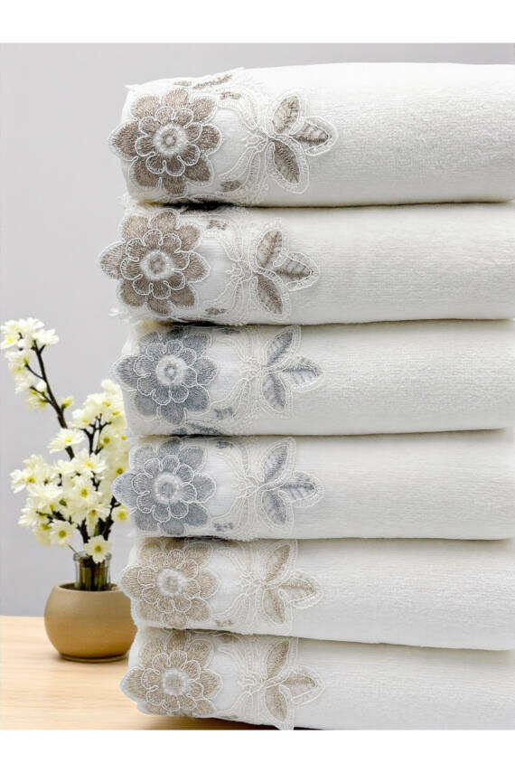 Kutulu 6 Adet Kadife Lüks Fransız Güpürlü Çeyizlik 50x90 El ve Yüz Havlusu (Ekru) - 5