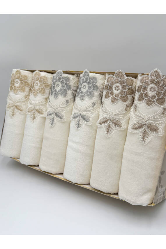 Kutulu 6 Adet Kadife Lüks Fransız Güpürlü Çeyizlik 50x90 El ve Yüz Havlusu (Ekru) - 6