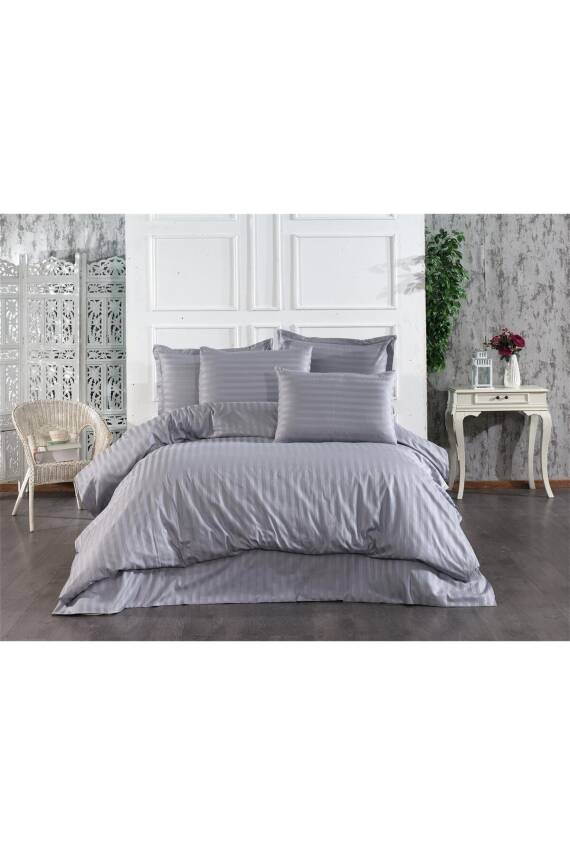 Naturel  Stripe Pamuk Çift Kişilik Nevresim Takımı (Gri) - 1