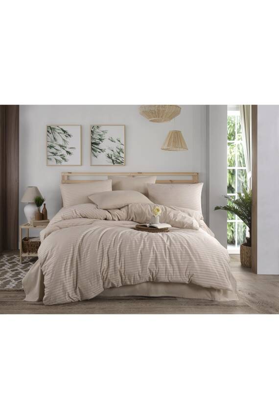 Naturel  Stripe Pamuk Çift Kişilik Nevresim Takımı (Bej) - 1