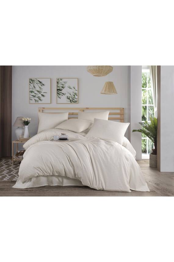 Naturel  Stripe Pamuk Çift Kişilik Nevresim Takımı (Ekru) - 1