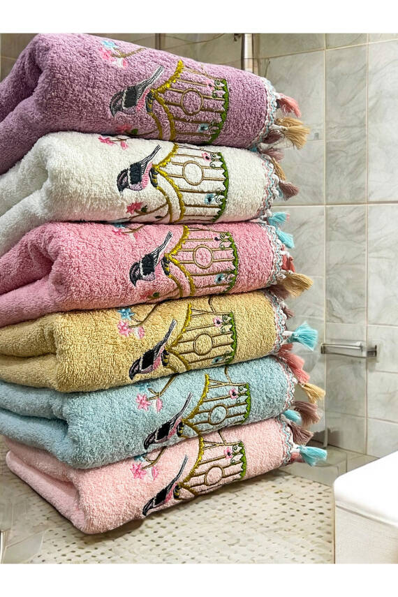Pamuklu 6'lı Kuş Kafes Nakışlı 50x90 El Yüz Havlu Seti (Asorti) - 1