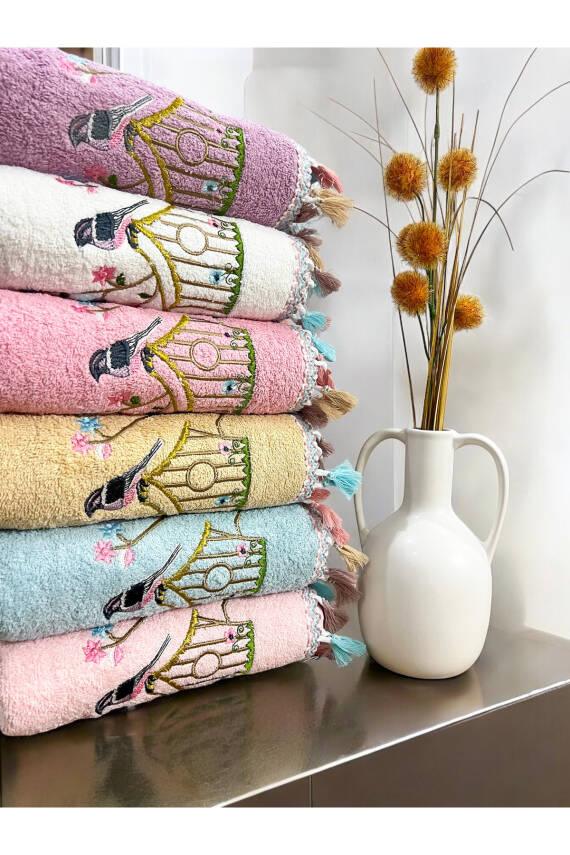 Pamuklu 6'lı Kuş Kafes Nakışlı 50x90 El Yüz Havlu Seti (Asorti) - 2