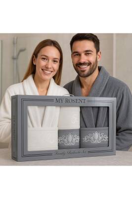 Pamuklu Aile Bornoz Seti (GRİ*KREM)